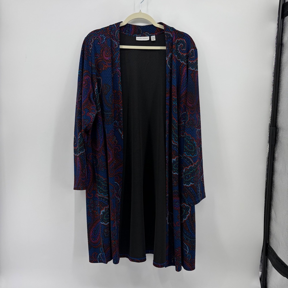Susan Graver Womens 2X Blue Paisley Open Front Longline Cardigan Pockets